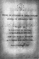 Madrid, 1981.- Diploma al poeta granadino Luis Rosales, premio de literatura en lengua castellana "Miguel de Cervantes" 1982, realizado por el artista Manuel Rivera, medalla de oro de Bellas Artes 1981